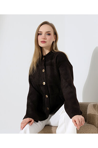 Moxsira Kalp Düğmeli Tüy Detaylı Siyah Ceket
