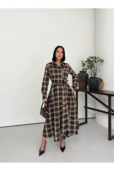 MODAMERSİ Women's Brown Plaid Patterned Buttoned Front Long Dress
