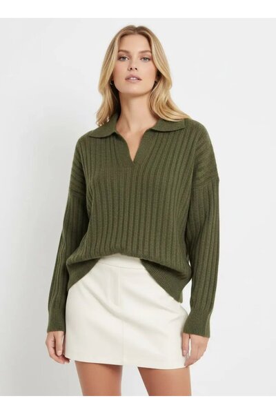 Park Karon Women's Polo Neck Half Placket Ribbed Knit Oversized Knitwear Sweater