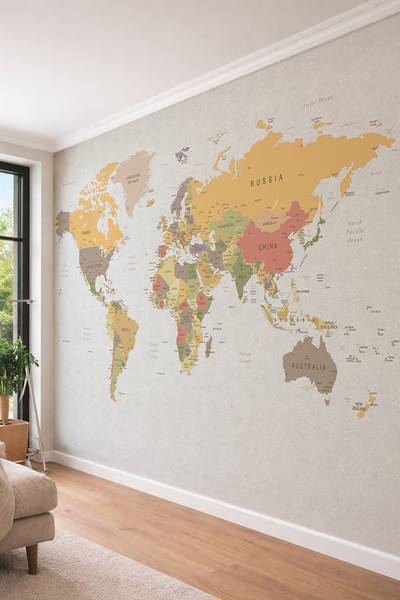 dreamwall Vintage Renkli Siyasi Dünya Haritası Temalı Modern Eğitici Tek Parça Tekstil Duvar Kağıdı