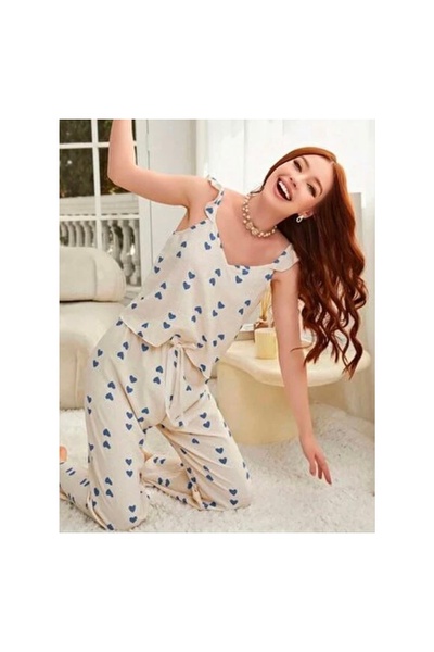 Redsaks Natural Textured Heart Patterned Wide Leg Pants Pajama Set