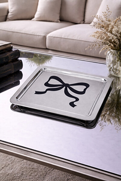 Beige & Stone صينية تقديم وديكور مربعة من الفولاذ المقاوم للصدأ بنمط فيونكة س...