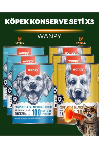Wanpy tahılsız %100 hayvansal proteinli biftekli & tavuklu köpek konservesi 3...