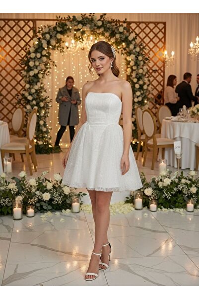 Tangül&Ali'S Moda Evi İnci Detaylı Straplez Beyaz Mini Elbise