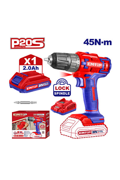 EMTOP Drill and Screwdriver With 1 Battery 2.0 Ah, 45 Nm – ECDL6200118,