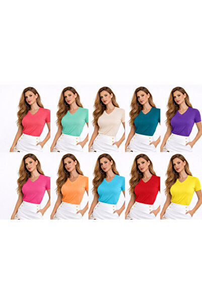 BYCOOLMEN 10lu set v yaka kadın düz basic kısa kol tişört rahat pamuklu esnek...