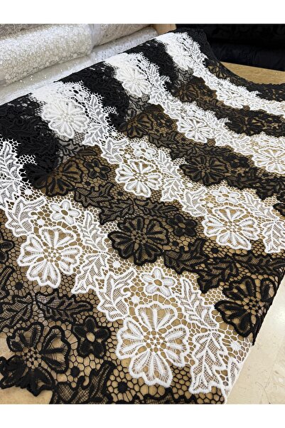 METERİAL 125 cm Wide Black and White Guipure Lace |   Floral Motif Evening Dr...