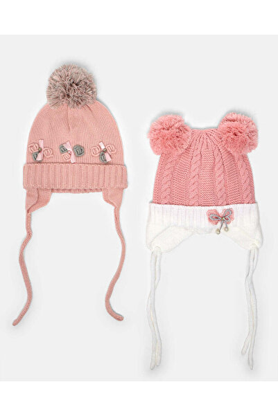 REDTAG Girls Assorted Knnited Pom Pom Cap Set (Pack of 2)