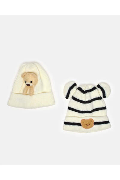 REDTAG Boys Beige Bear Print Knitted Caps Set (Pack Of 2)
