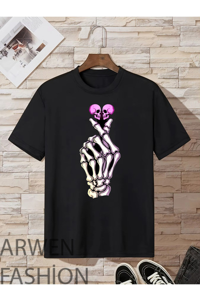LELVANİ Unisex Pink Skull and Skeleton Hand-Printed T-Shirt