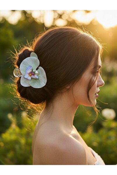 SOFT Kıskaçlı çift yönlü orkide çiçeği incili aloha topuz tokası