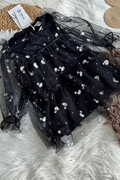 morbella Kız Çocuk Siyah Tüllü Parlak Figürlü Doğum Günü ve Parti Elbise