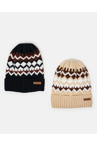 REDTAG Boys Beige And Black Geometric Print Knitted Caps Set (Pack Of 2)