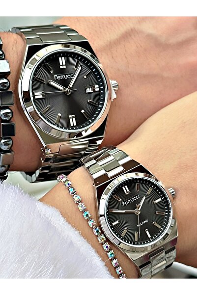 Ferrucci SİYAH KADRANLI TAKVİMLİ GÜMÜŞ METAL ÇİFT SAATLER
