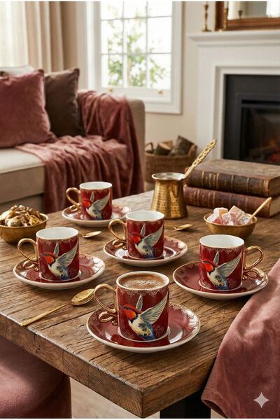 Homerest Koleksiyon Serisi Lüks Gold Detaylı Kuş Desenli 6 Kişilik Porselen T...