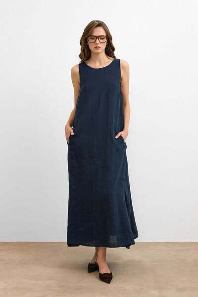 Ranasubaşı 100% Linen Zero Sleeve Dress Navy Blue
