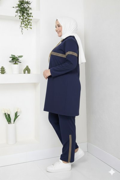 CNG MODA Büyük Beden Sim Şeritli İkili Anne Eşofman Takımı