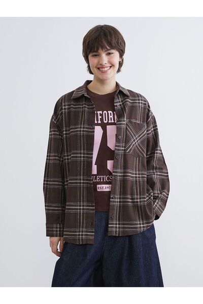 LC Waikiki Plaid Oversize Krinkle Women's Shirt