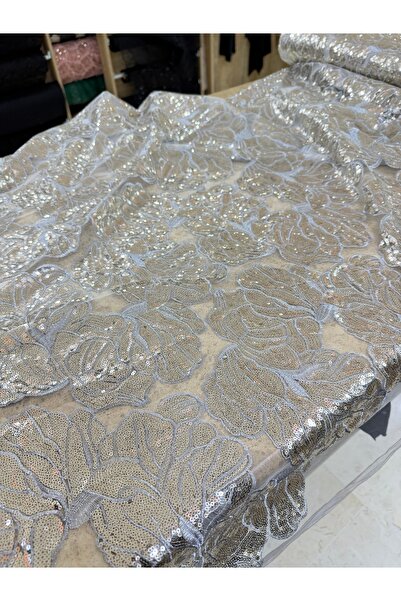 METERİAL قماش فساتين السهرة المطرز بالترتر الفضي - قماش فاخر مطرز بالترتر على...