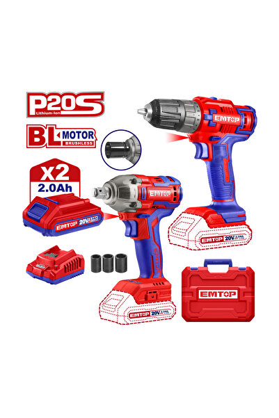 EMTOP Set 2 Buc. Bormașină De Înșurubat Și Cheie De Impact Cu 2 Acumulatori 2...