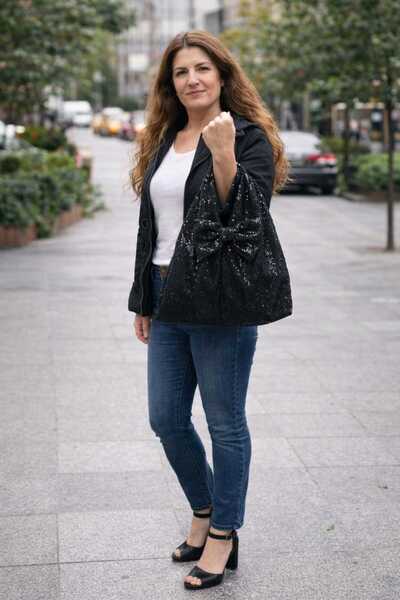 diclecollection Women's Black Sequin Detailed Evening Dress Bag with Bow Deta...