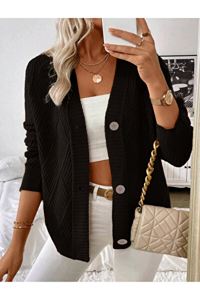 CuteLovesa Yürütme Desen Düğmeli V Yaka Kadın Triko Hırka