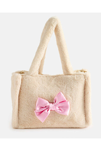 REDTAG Girls Beige Bow Embellished Faux Fur Handbag