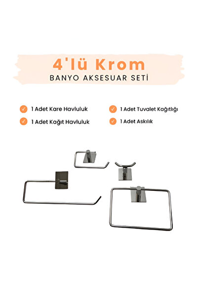 Hızır Yapışkanlı Paslanmaz Çelik Banyo Aksesuar Seti, Kare Havluluk, Kağıtlık...