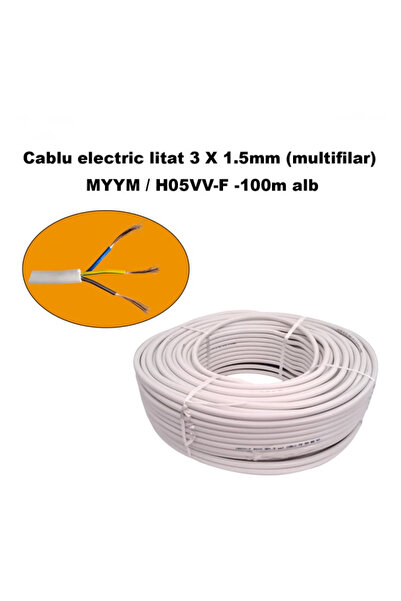 DDT Cablu electric litat 3 x 1.5 mm (multifilar) MYYM / H05VV-F, rola 100 m, alb