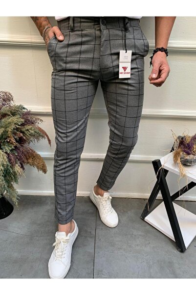 Ser Joven Men's Smoked Slim Fit Lycra Plaid Fabric Trousers