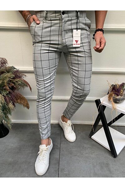 Ser Joven Men's Light Gray Slim Fit Lycra Plaid Fabric Trousers