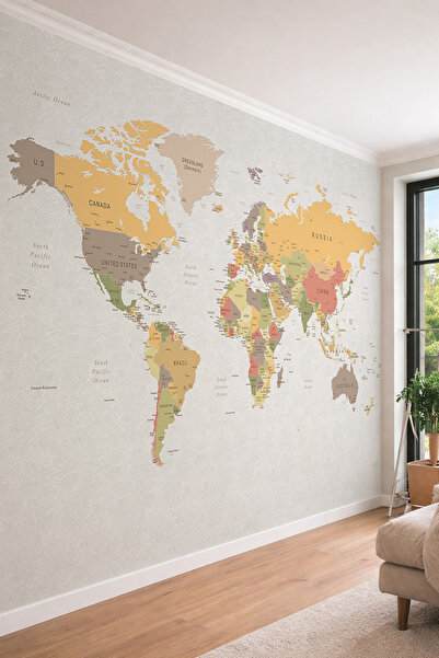 dreamwall Vintage Renkli Siyasi Dünya Haritası Temalı Modern Eğitici Tek Parç...