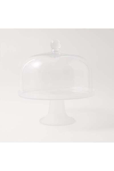 LA MESA قبة زجاجية شفافة للكيك مع حامل زجاجي أبيض مصنفر، قطرها 30 سم