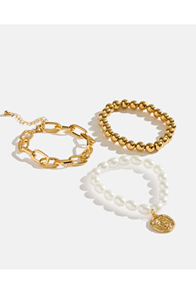REDTAG Women Gold Embellished Bracelet Set (3 Piece)