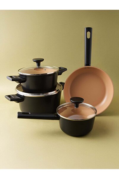 Pentola 7Pcs Aluminum Non Stick Cookware Set With Glass Lids, Matt Black