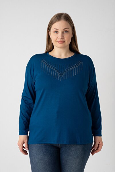 Orly More Viscose Fabric Mini Slit Stone Detailed Plus Size Long Sleeve Combe...