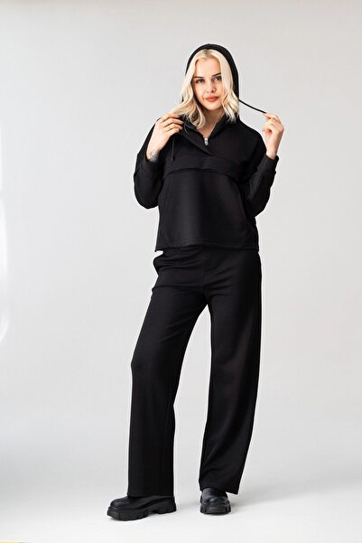 Bold & Young Women's Black Modal Fabric Hooded Zipper Sweatshirt