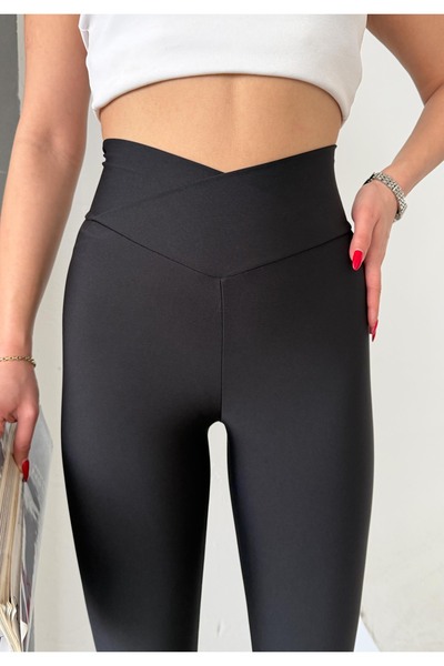 shaban بنطلون نسائي أسود اللون بتفاصيل متقاطعة عند الخصر (حزام) ومرن وعالي ال...