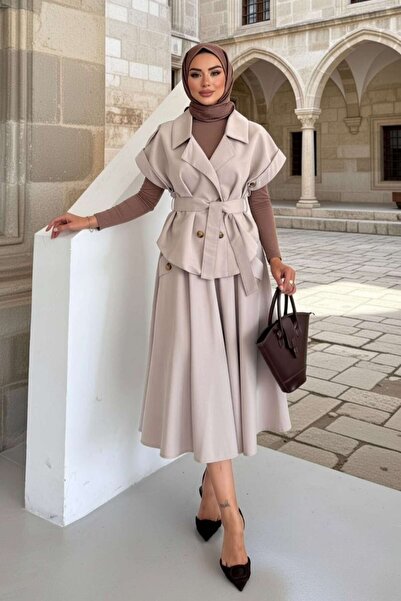 ZISHAN Women's Khaki/Beige/Brown Asymmetrical Cut Bat Sleeve Hijab Two-Piece ...