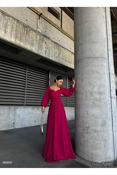 Modafeminen فستان سهرة طويل بياقة مربعة وأكمام بالون باللون الفوشيا 583092