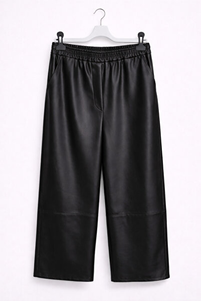 günay boutıque Black Leather Look Belic Elastic Waist Wide Leg Pants