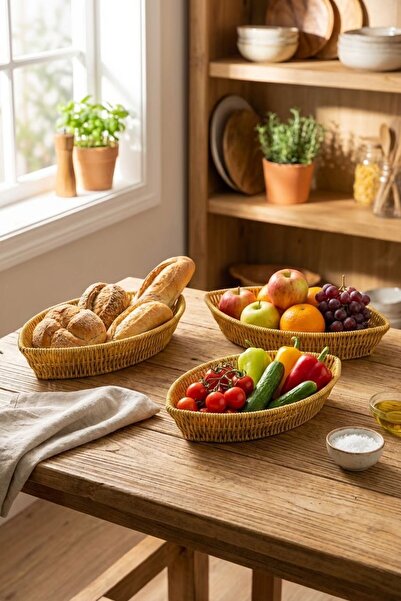 Buffer ®   3-Piece Kayak-Shaped Plastic Rattan Basket Set – Wicker-Look Bread...