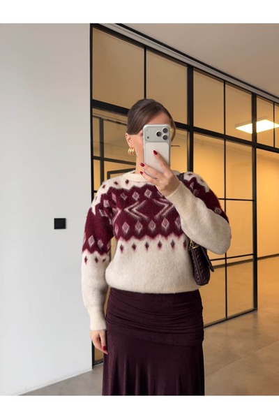 BB Bensu Buyruk Crew Neck Ethnic Patterned Sweater