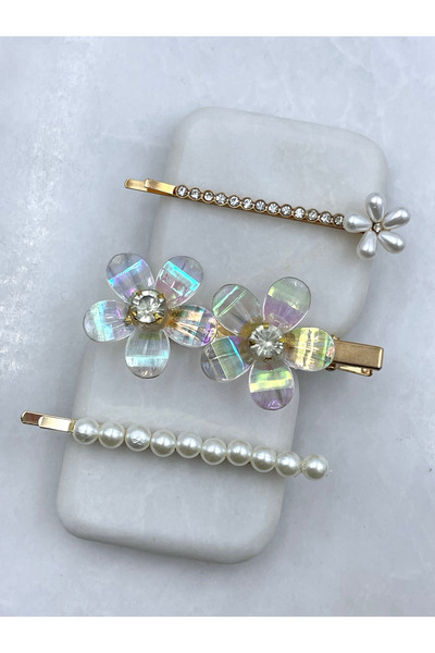 Seda Bijuteri مشبك ثلاثي من اللؤلؤ والزهور مطلي بالذهب