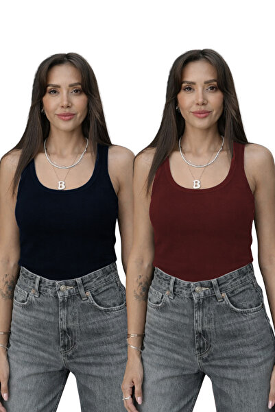 YAKAMEL KADIN 2'Lİ LACİVERT VE BORDO FİTİLLİ KALIN ASKILI ESNEK ATLET BODY