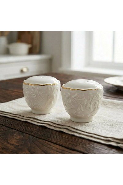 FAIR HOME Set of 2 Rosen Gold Detailed Embossed Pattern Cream Color Porcelain Salt Shakers