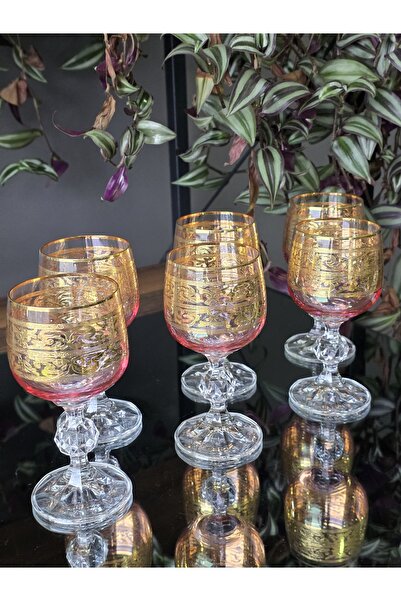 FERMATO Handmade Crystal Alda Pink Lustered 24K Gold Embellished 6-Piece Serv...