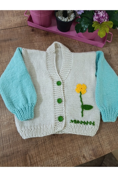 EL ÖRGÜSÜ CİCİ BEBE Hand Knitted Children's Cardigan Cream Green