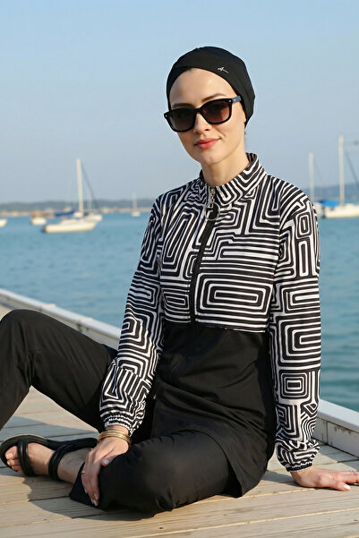 armonika 3-Piece Set Burkini Hijab Swimsuit with Patterned Top, High Collar, ...