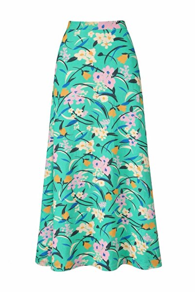 Eight Fashion Women's Aqua Green Floral Patterned Long Viscose Skirt